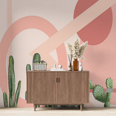 Custom Pastel Cactus Wallpaper with Modern Geometric Shapes