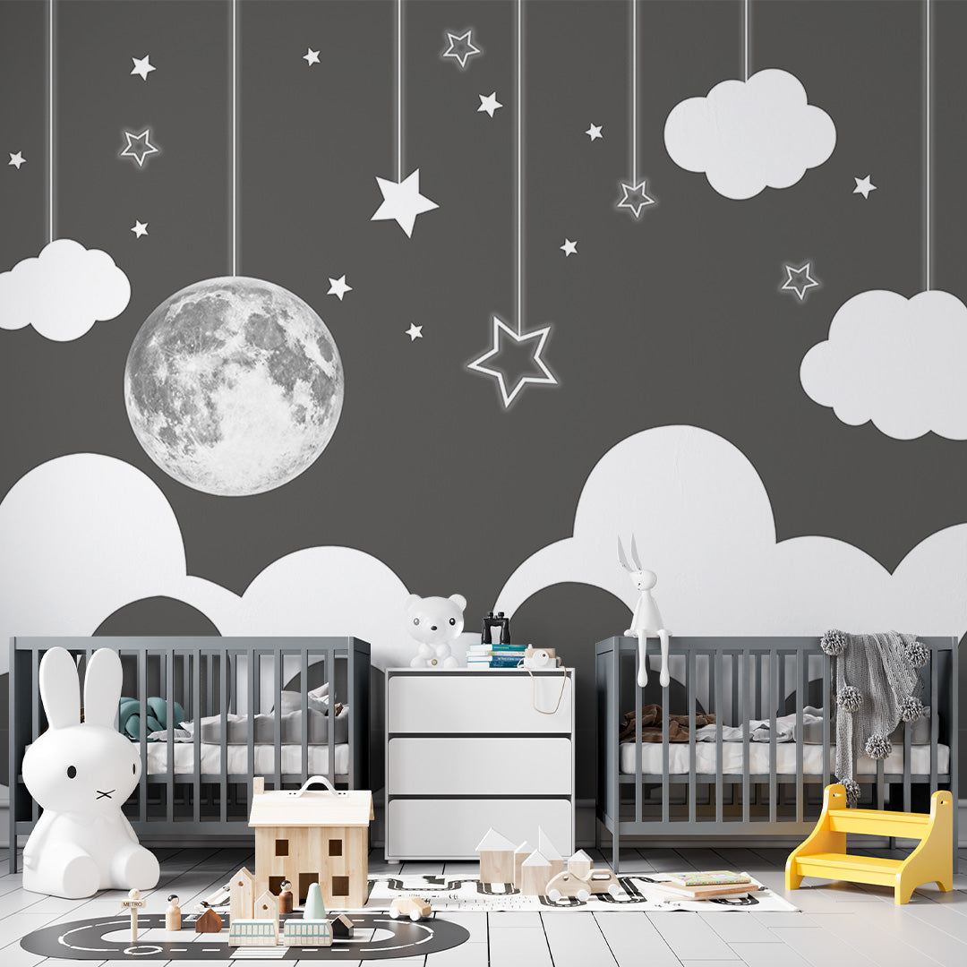 Monochrome full moon, hanging stars and white clouds wall mural in a shared nursery