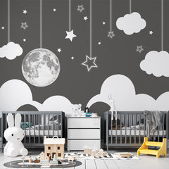 Custom Kids Wall Murals Full Moon Black and White Wallpaper for Kids