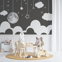 Custom Kids Wall Murals Full Moon Black and White Wallpaper for Kids