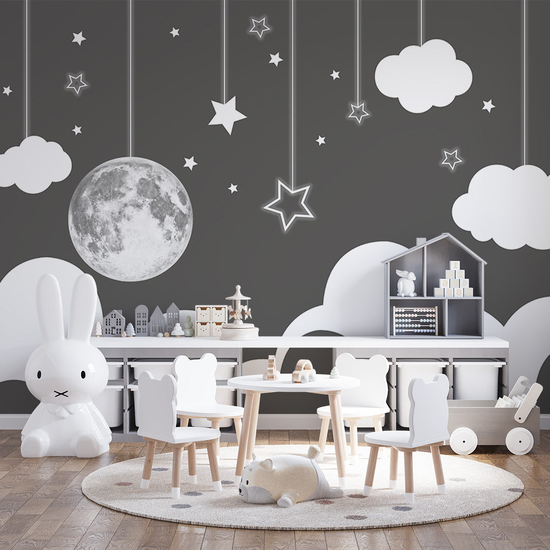 Kids Wall Murals Full Moon Black and White Wallpaper for Kids