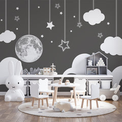 Custom Kids Wall Murals Full Moon Black and White Wallpaper for Kids