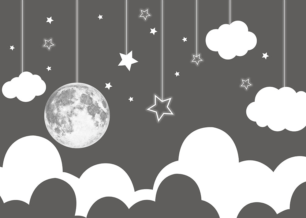 Monochromer Mond, hängende Sterne und Wolken – Babyzimmer-Fototapete