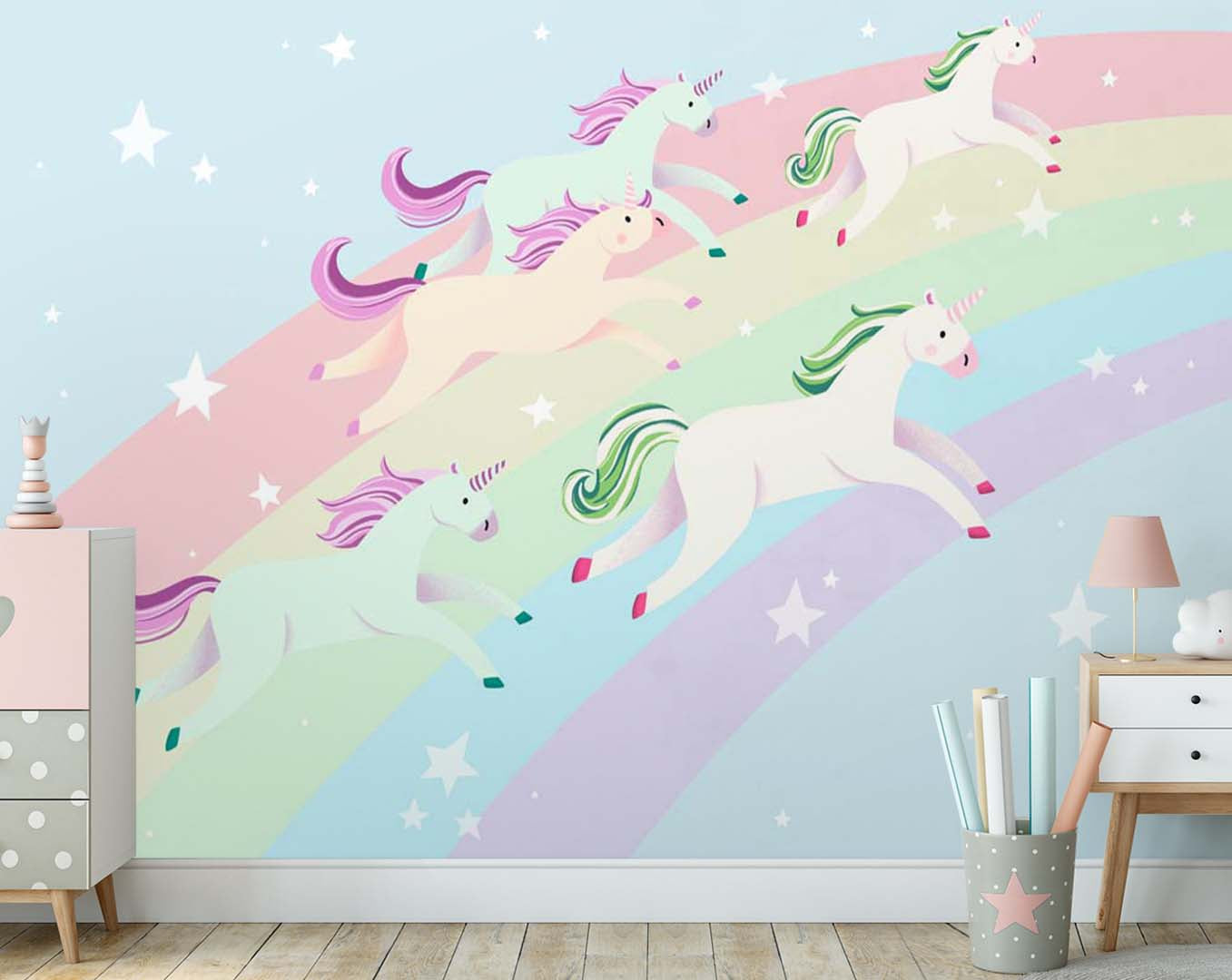 Kids Wall Mural Rainbow Unicorns Fairytale Pony Nursery Wallpaper