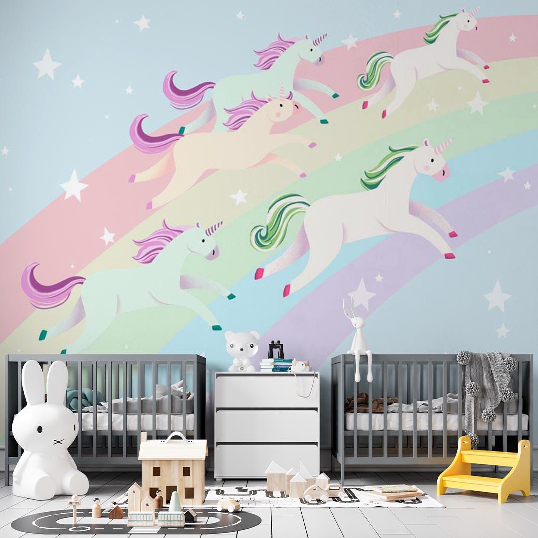 Kids Wall Mural Rainbow Unicorns Fairytale Pony Nursery Wallpaper