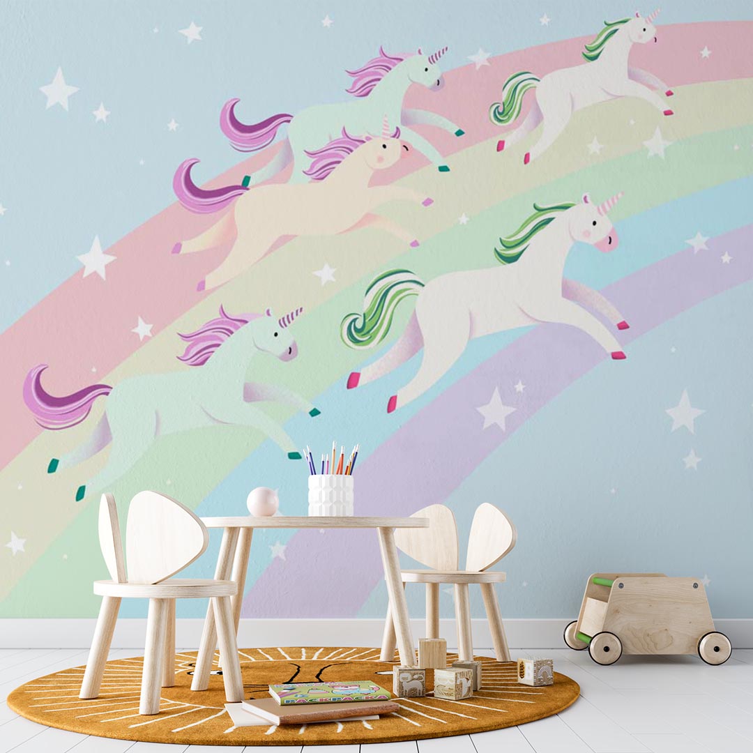 Kids Wall Mural Rainbow Unicorns Fairytale Pony Nursery Wallpaper