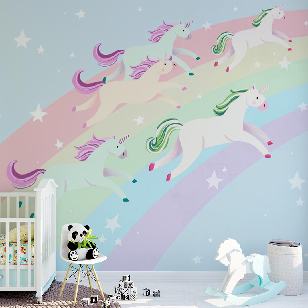 Kids Wall Mural Rainbow Unicorns Fairytale Pony Nursery Wallpaper