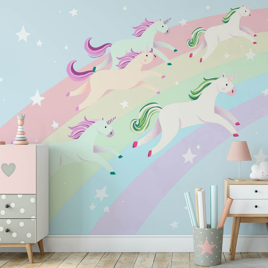 Kids Wall Mural Rainbow Unicorns Fairytale Pony Nursery Wallpaper