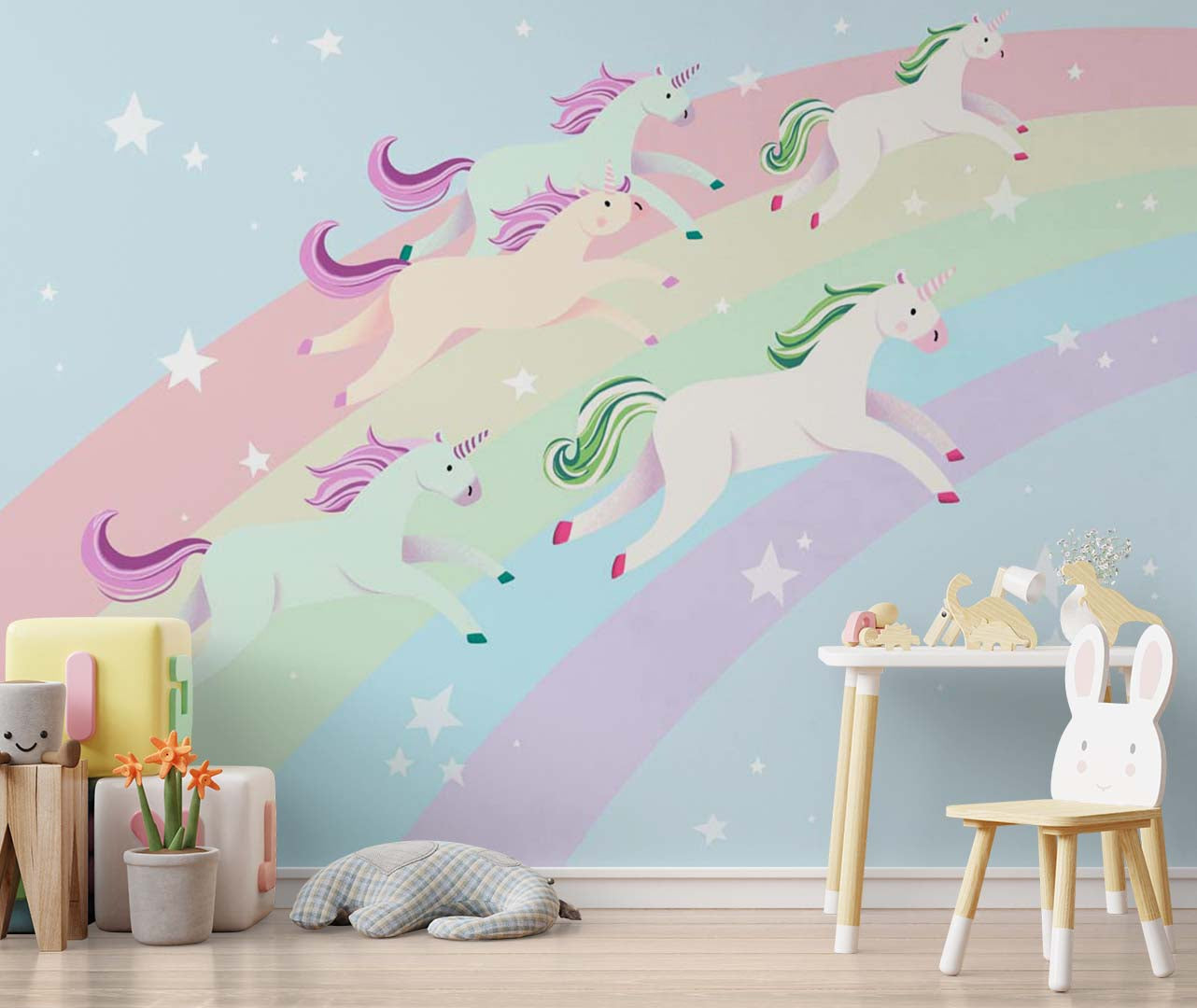 Kids Wall Mural Rainbow Unicorns Fairytale Pony Nursery Wallpaper