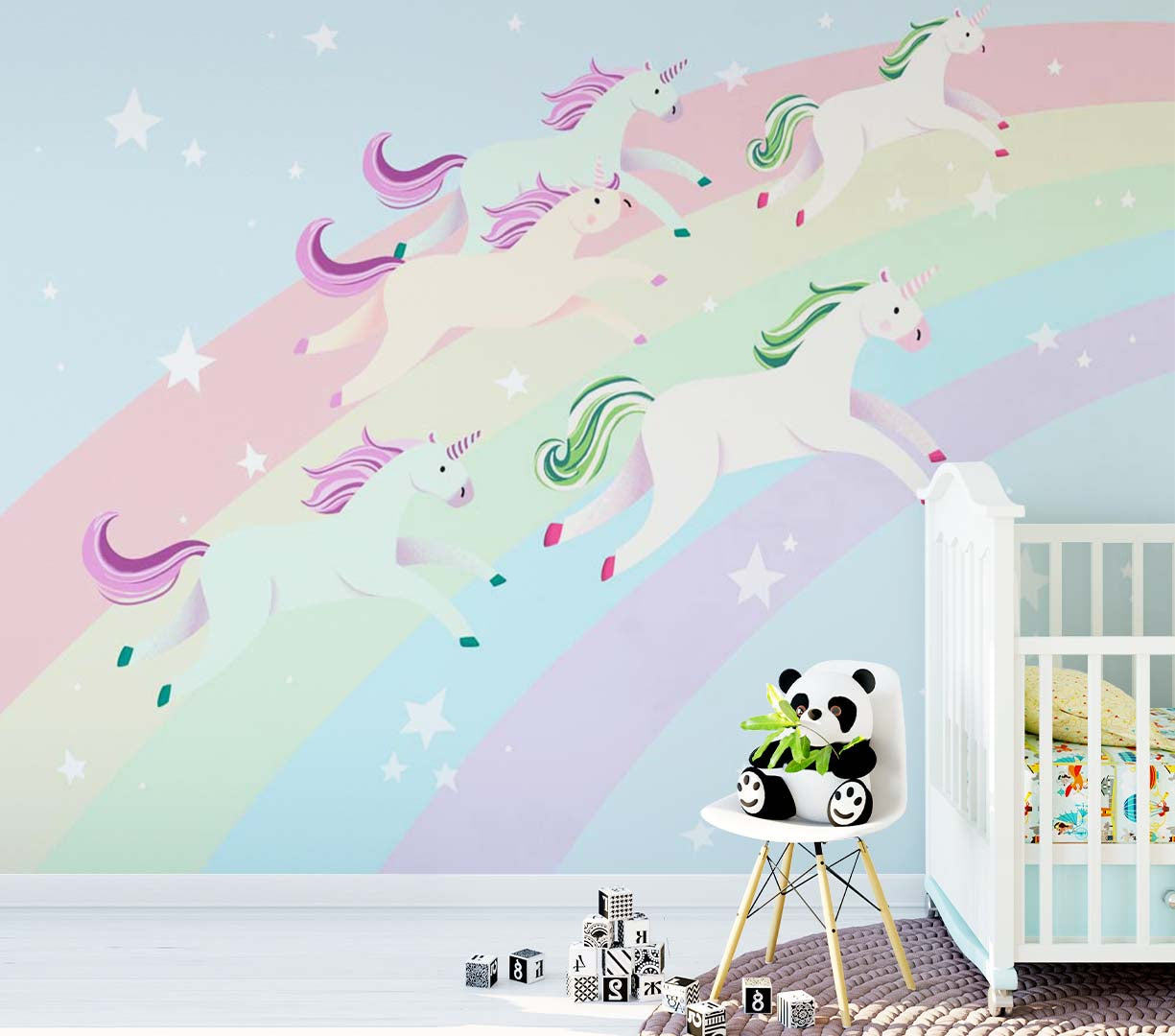 Kids Wall Mural Rainbow Unicorns Fairytale Pony Nursery Wallpaper