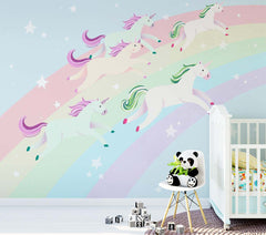 Custom of Kids Wall Mural Rainbow Unicorns Fairytale Pony Nursery Wallpaper