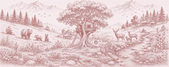 Rose pink sketch wallpaper with a big tree, treehouse and tire swing, a bear family, deer, pine forest and mountains.