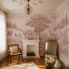 Pink woodland toile wallpaper in a living room with white fireplace.