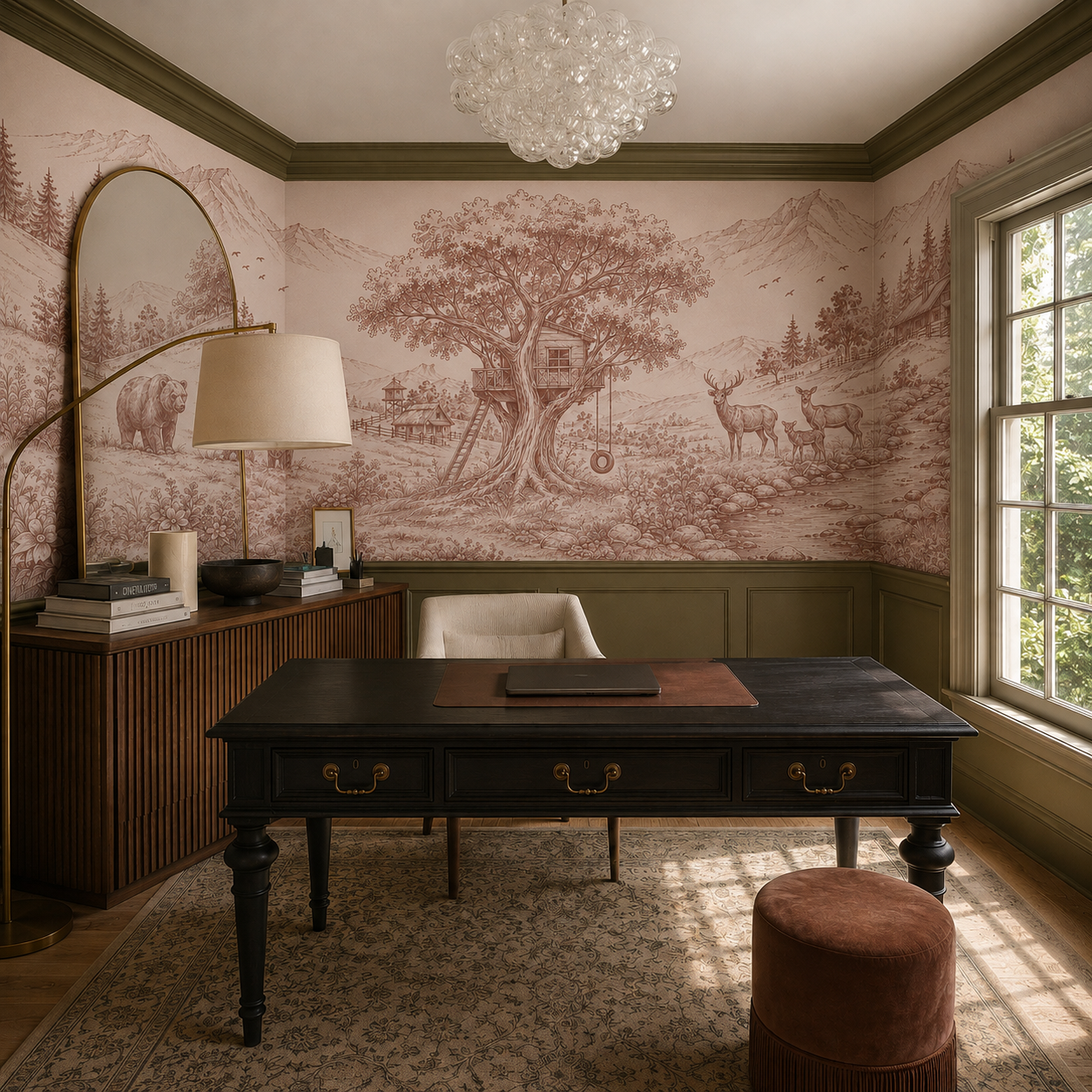 Pink woodland toile wallpaper in a home office with dark desk.