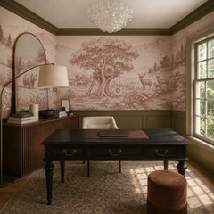 Pink woodland toile wallpaper in a home office with dark desk.