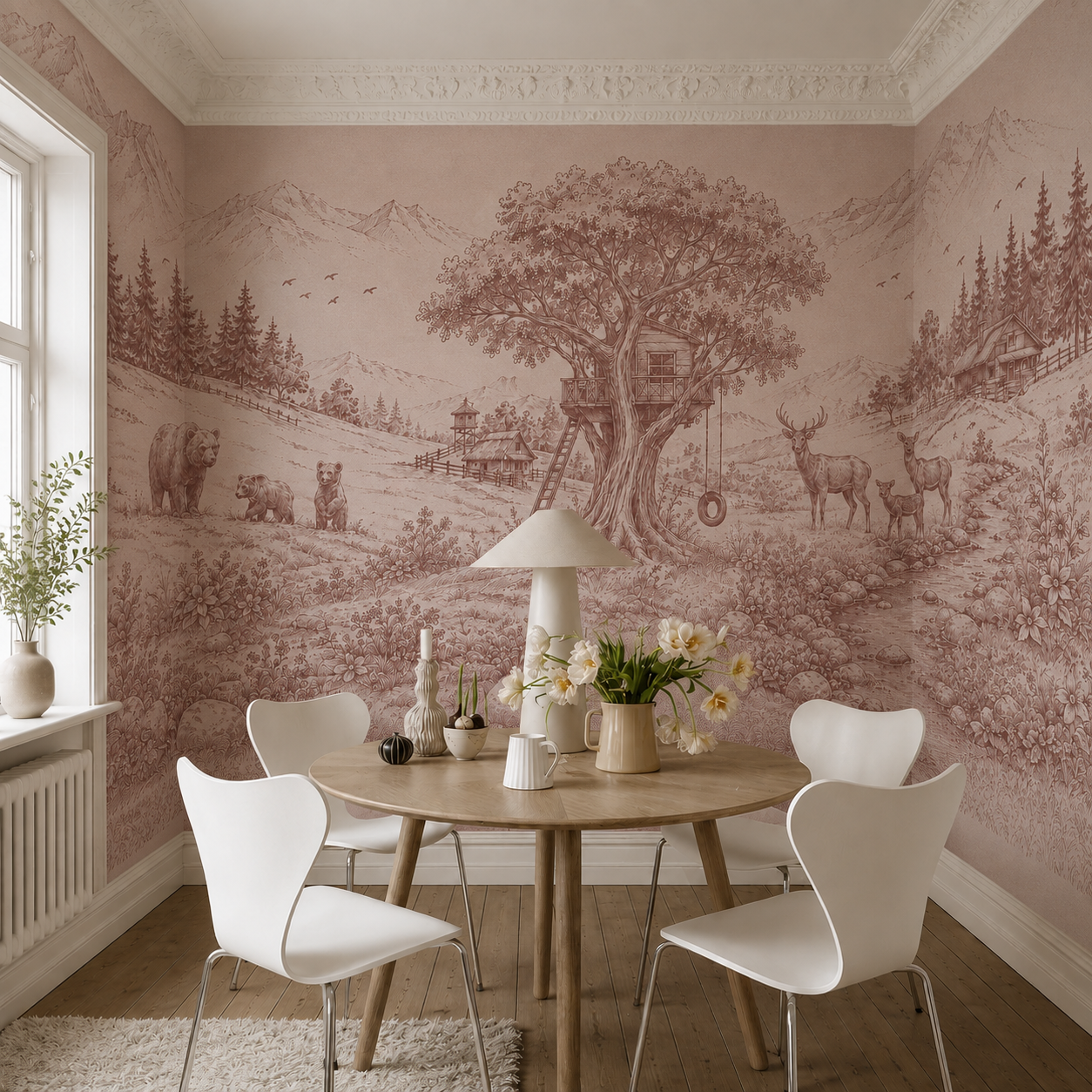 Pink woodland toile wallpaper in a dining nook with round table.