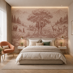 Pink woodland toile wallpaper behind the bed in a bedroom.