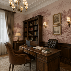 Pink woodland toile wallpaper in a classic study with bookcase.