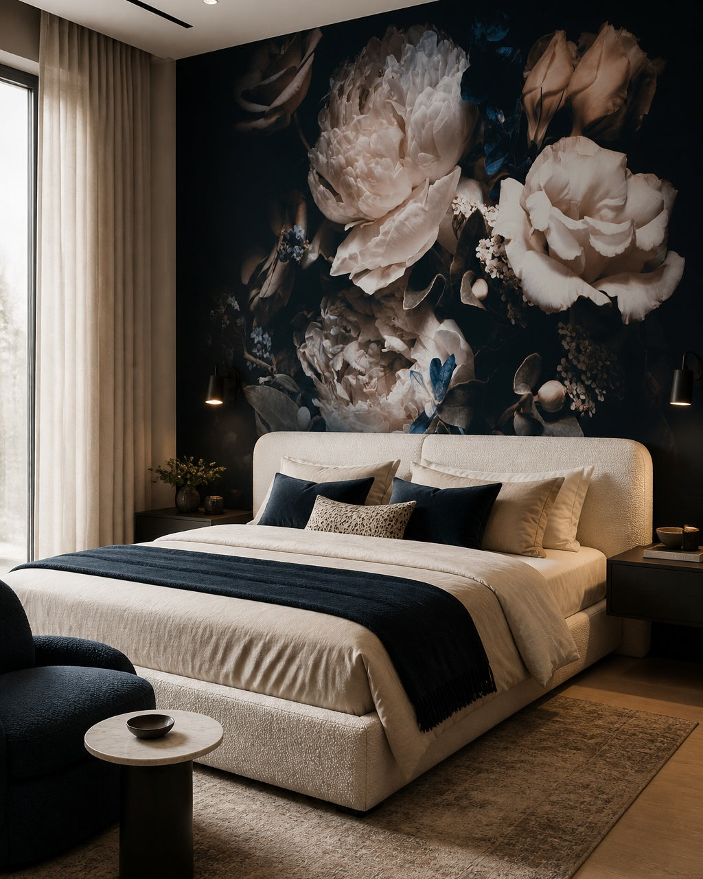 Dark floral wallpaper in a designer bedroom.