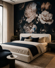 Dark floral wallpaper in a designer bedroom.