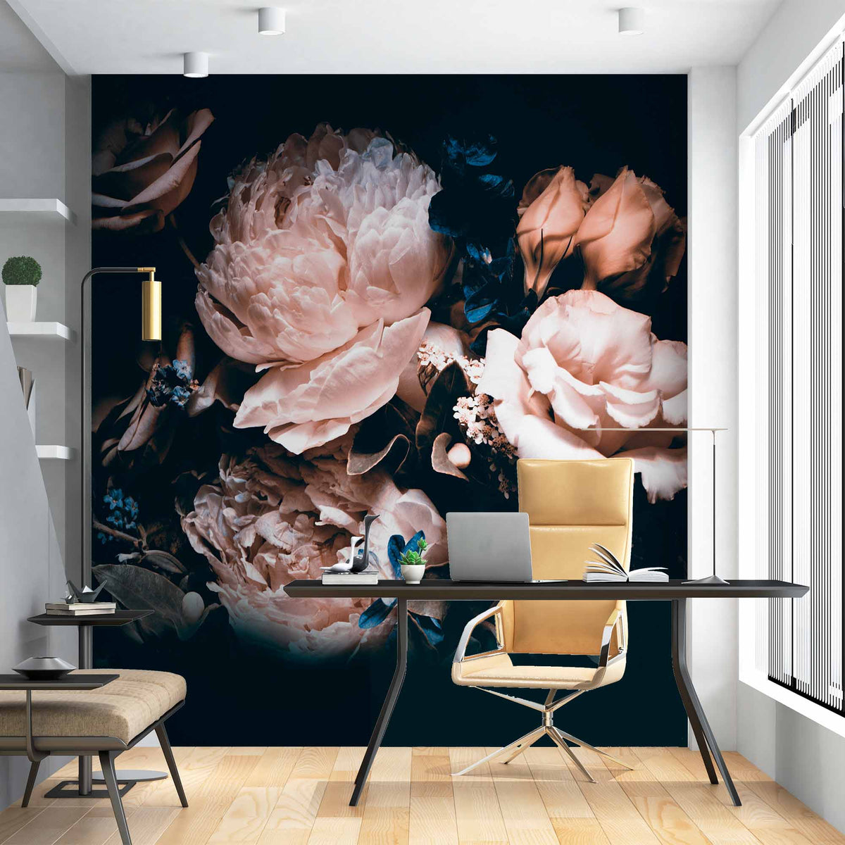 Dramatic Dark Floral Mural Wallpaper - Elegant Cream Roses and Peonies with Deep Blue Accents