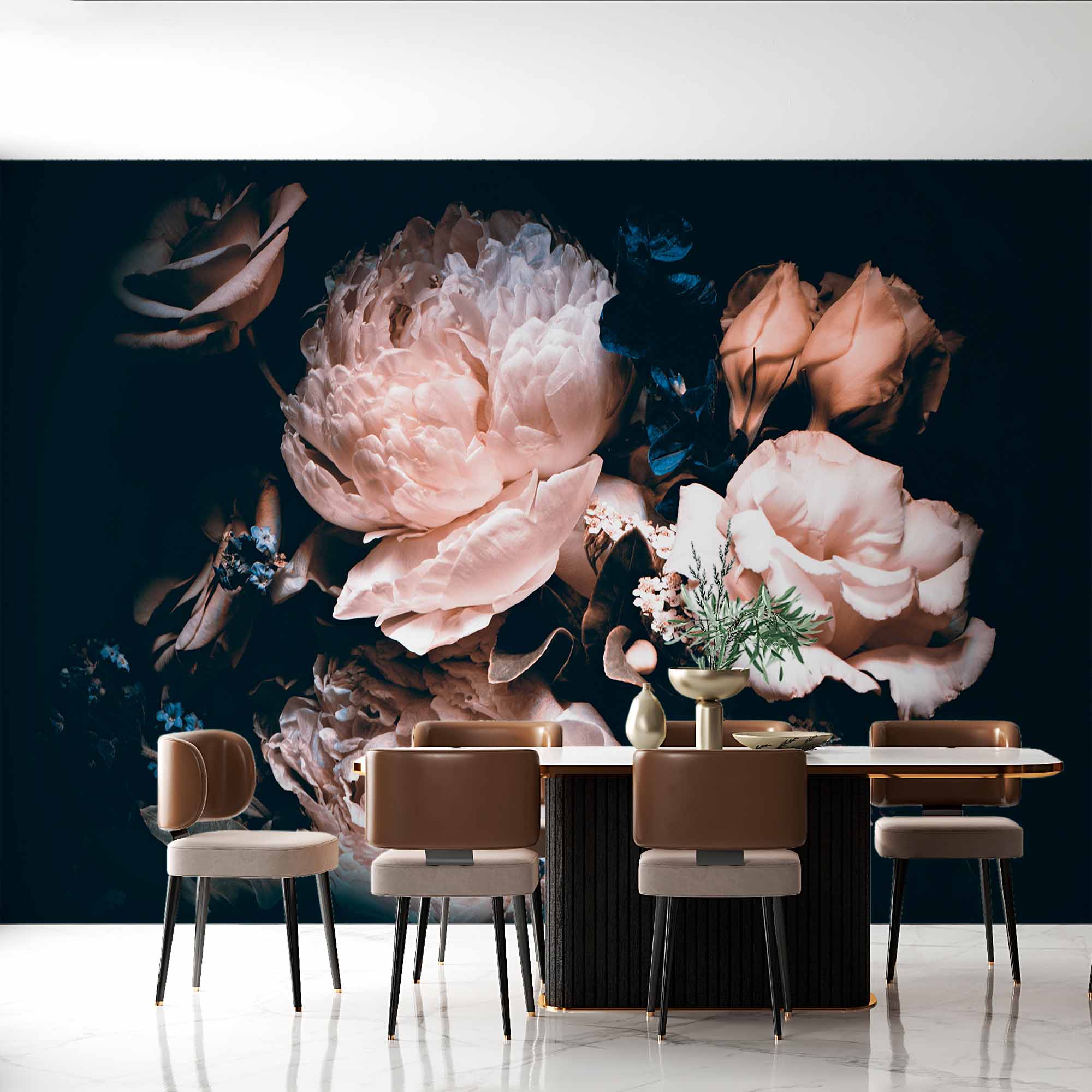 Dramatic Dark Floral Mural Wallpaper - Elegant Cream Roses and Peonies with Deep Blue Accents