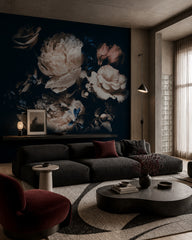 Dark floral wallpaper in a designer living room.