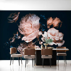 Custom Dramatic Dark Floral Mural Wallpaper - Elegant Cream Roses and Peonies with Deep Blue Accents