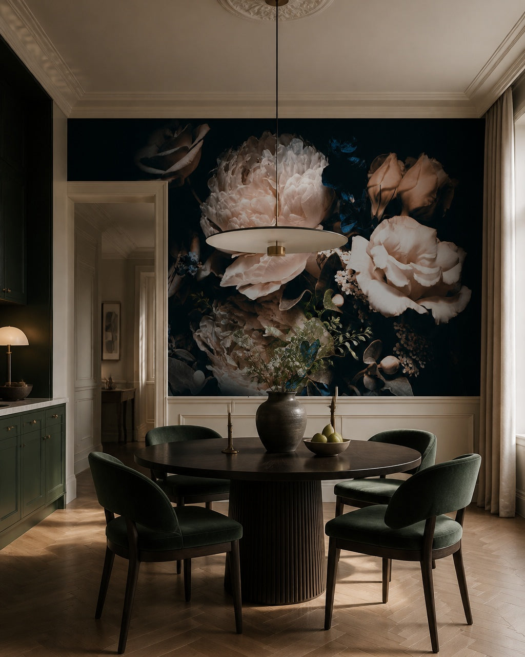 Dark floral wallpaper in a refined dining area.