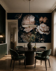 Dark floral wallpaper in a refined dining area.