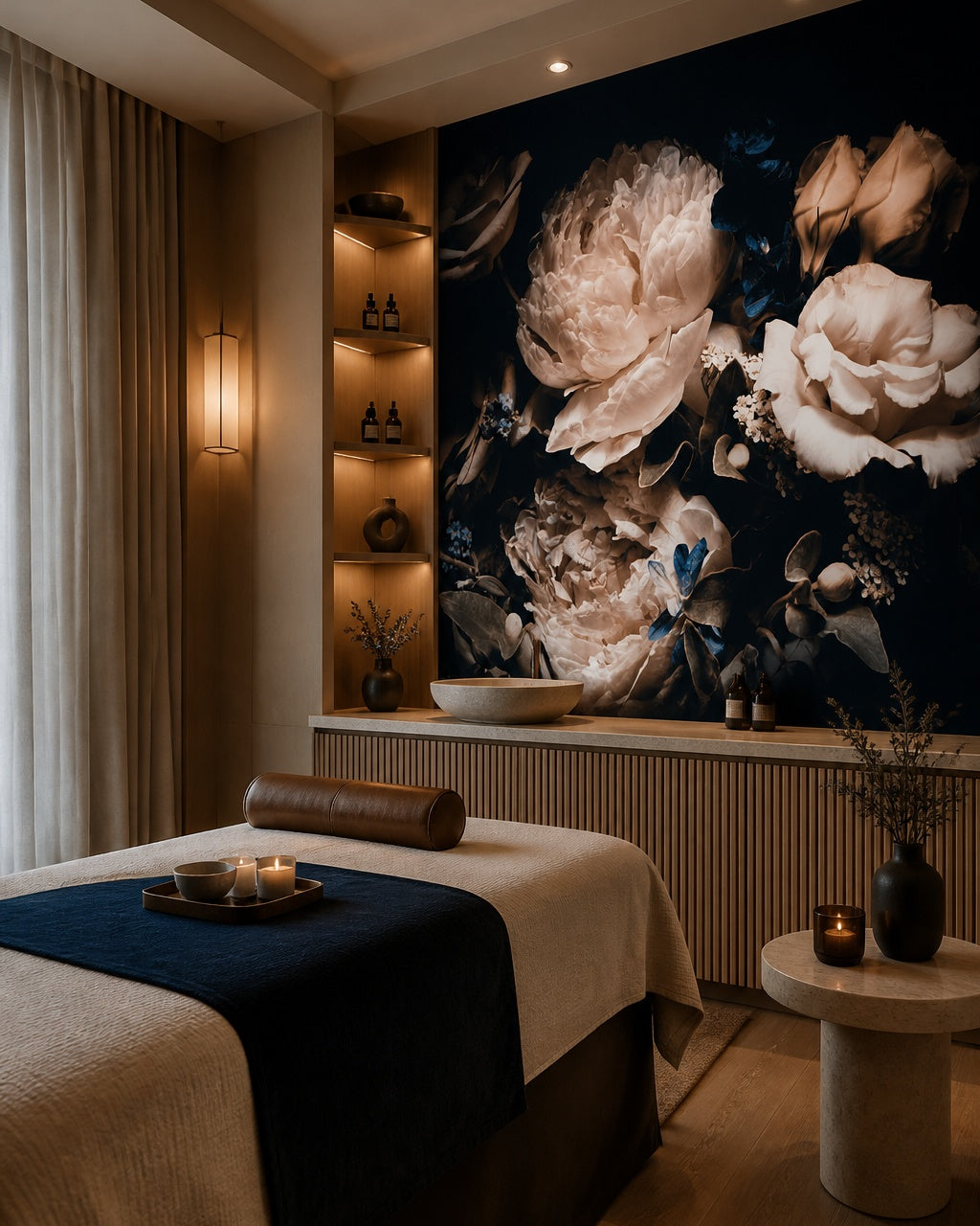 Dark floral wallpaper in a wellness spa.