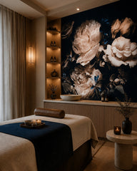 Dark floral wallpaper in a wellness spa.