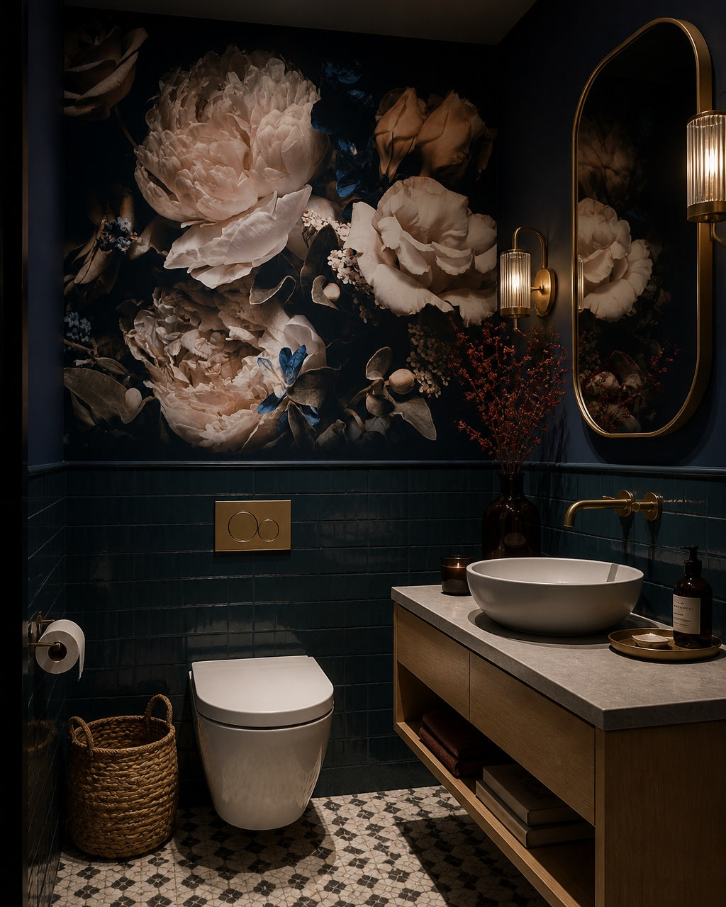 Dark floral wallpaper in an elegant powder room.