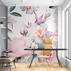 Custom Soft Pink and White Floral Bouquet Wall Mural - Delicate Petals and Green Leaves Wallpaper