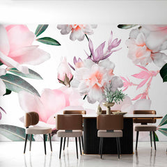 Custom Soft Pink and White Floral Bouquet Wall Mural - Delicate Petals and Green Leaves Wallpaper