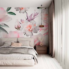 Custom Soft Pink and White Floral Bouquet Wall Mural - Delicate Petals and Green Leaves Wallpaper