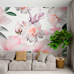 Custom Soft Pink and White Floral Bouquet Wall Mural - Delicate Petals and Green Leaves Wallpaper