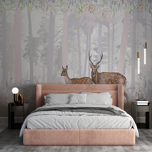 Custom Whimsical Woodland Deer Family Wall Mural Wallpaper