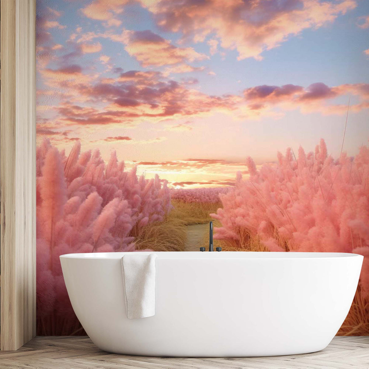 Custom Pink Pampas Grass Wallpaper Sunset Field Wall Mural Nature Wall Decor