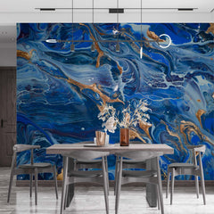 Cobalt and navy blue fluid marble wall mural with luminous copper accents