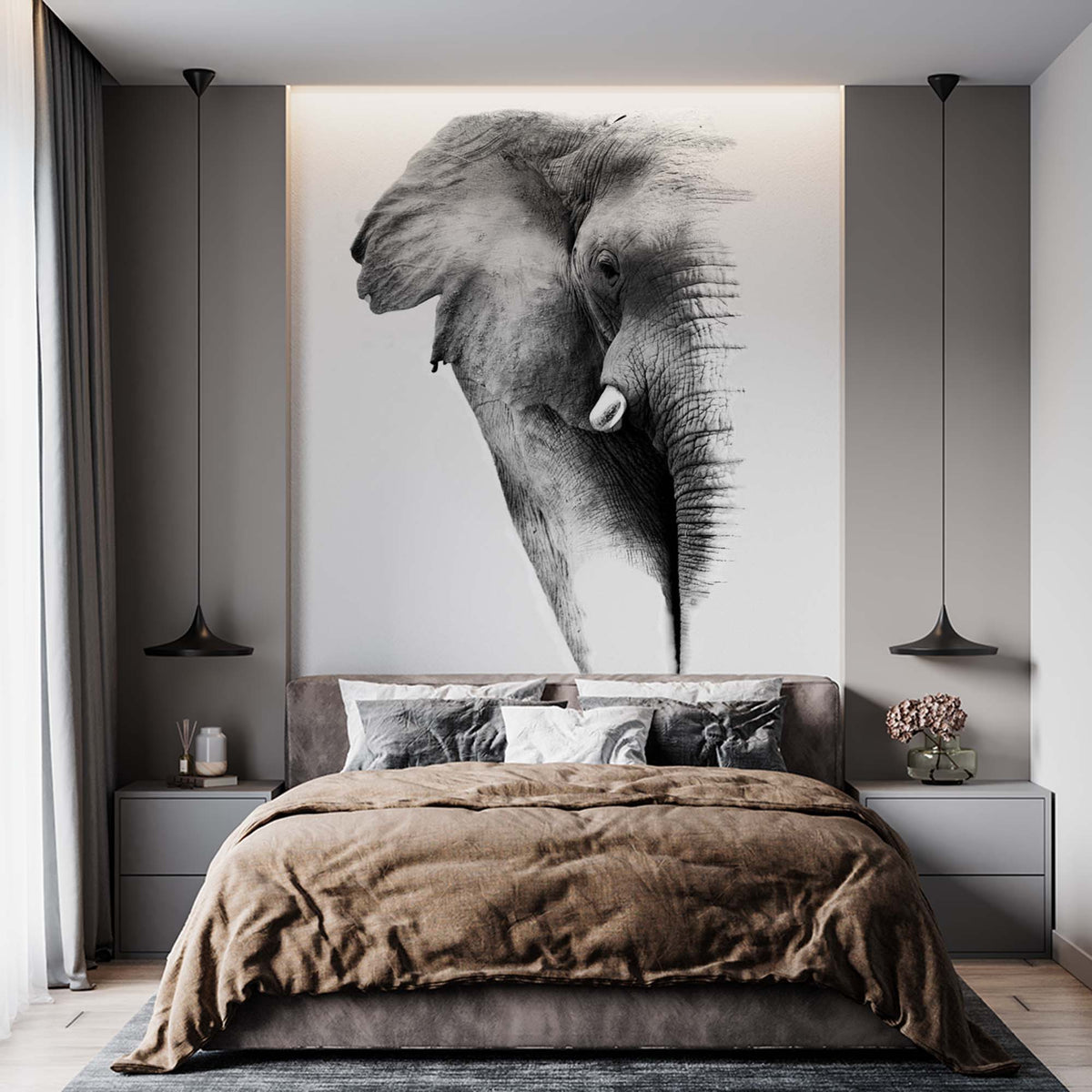 Custom Elephant Silhouette Wall Mural Black and White Minimal Design Animals Wallpaper