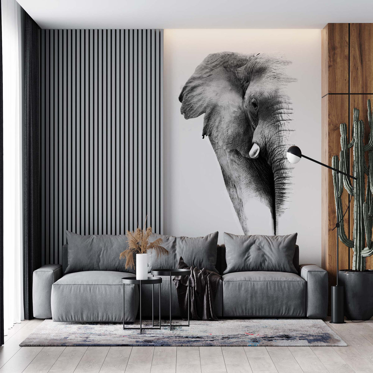 Custom Elephant Silhouette Wall Mural Black and White Minimal Design Animals Wallpaper