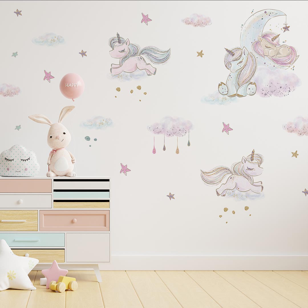 Unicorn Wall Stickers Pack - Kids Wall Decals with Glitter Stars and Clouds