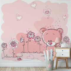 CUSTOM SIZE Kids Wal Mural Pink Flowers Hearts Teddy Bear
