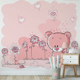 Kids Wal Mural Pink Flowers Hearts Teddy Bear