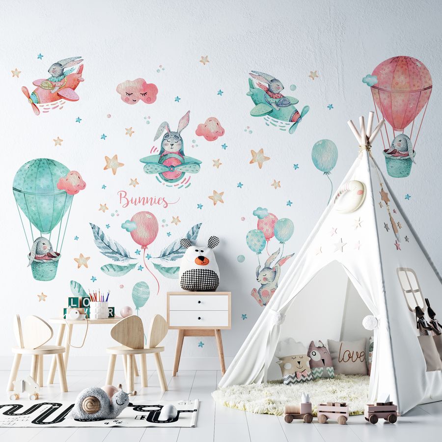 Bunny with Hot Air Balloon Wall Decals for Nursery Kids Room