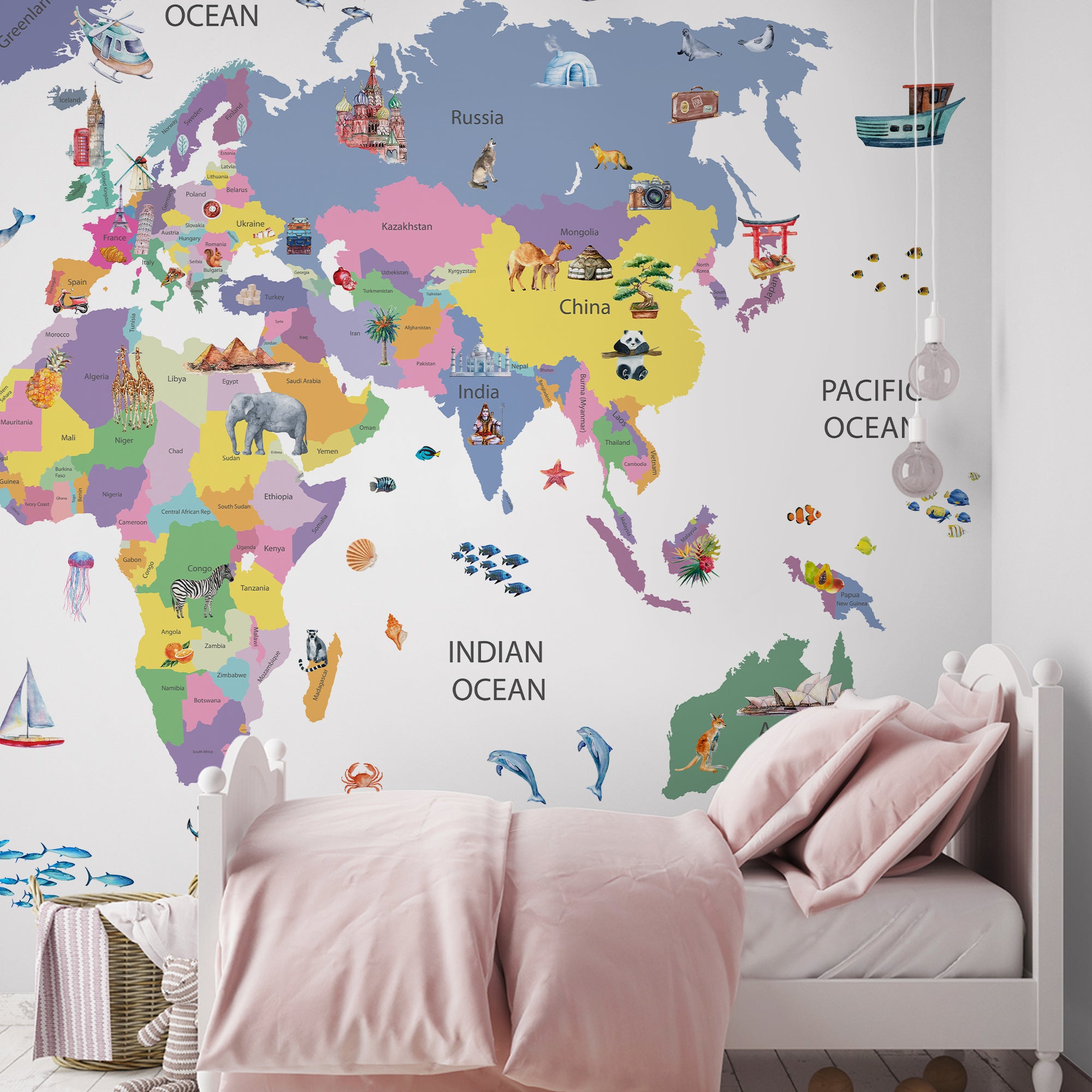 World Map Wallpaper with Famous Places for Kids Room Wall Mural