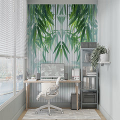 Custom Bamboo Leaf Wall Mural Abstract White Lines Botanical Wallpaper