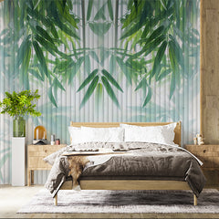 Custom Bamboo Leaf Wall Mural Abstract White Lines Botanical Wallpaper