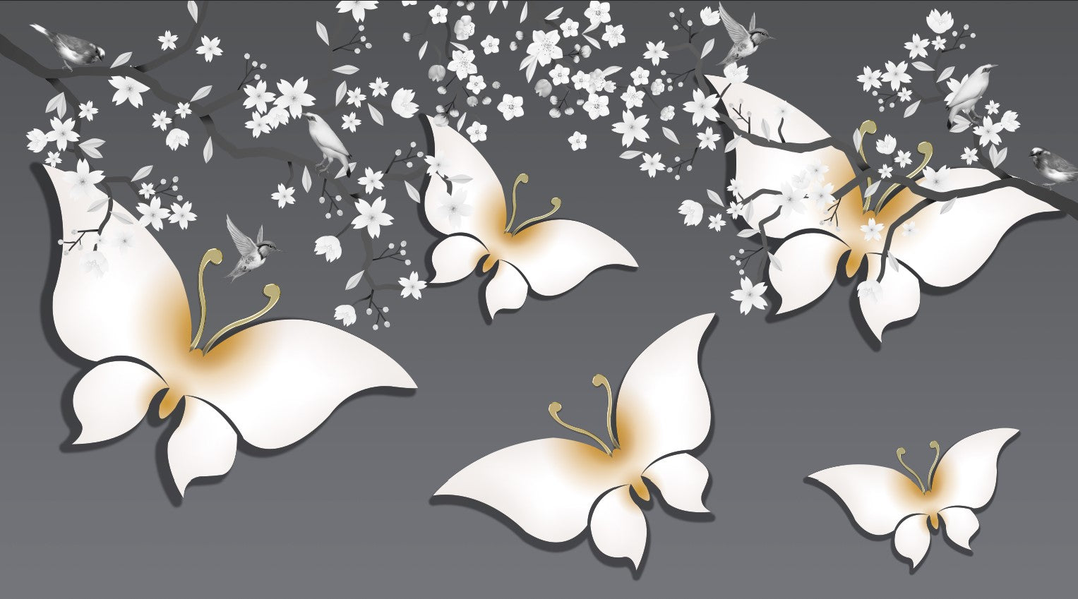 Golden Butterflies Wall Mural Floral Blossom Wallpaper